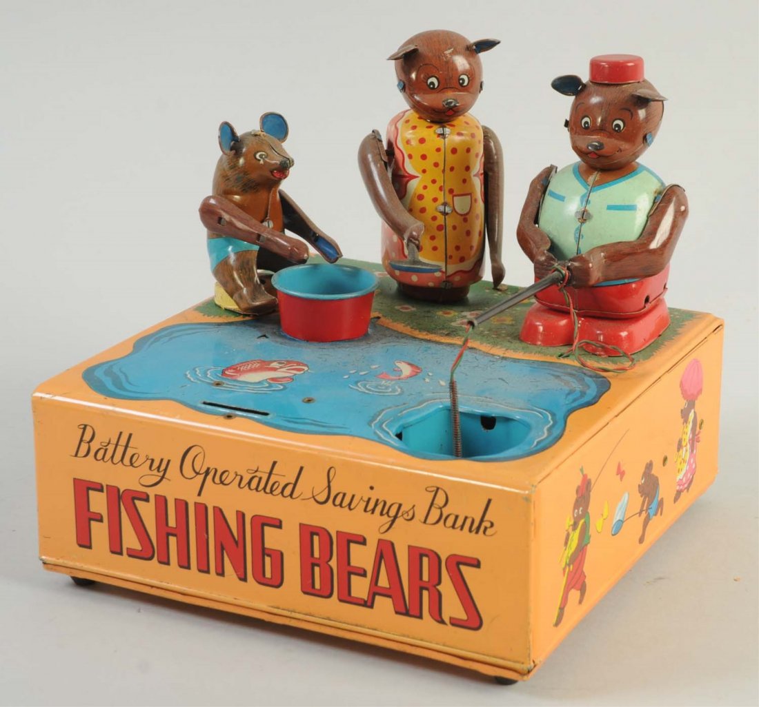 Japanese Tin Litho Fishing Bears Savings Bank.: Battery operated. All tin litho with intricate mechanism. Has one original fish. Nice lithography. Does not work properly. Condition (Very Good - Excellent). Size 7" L.