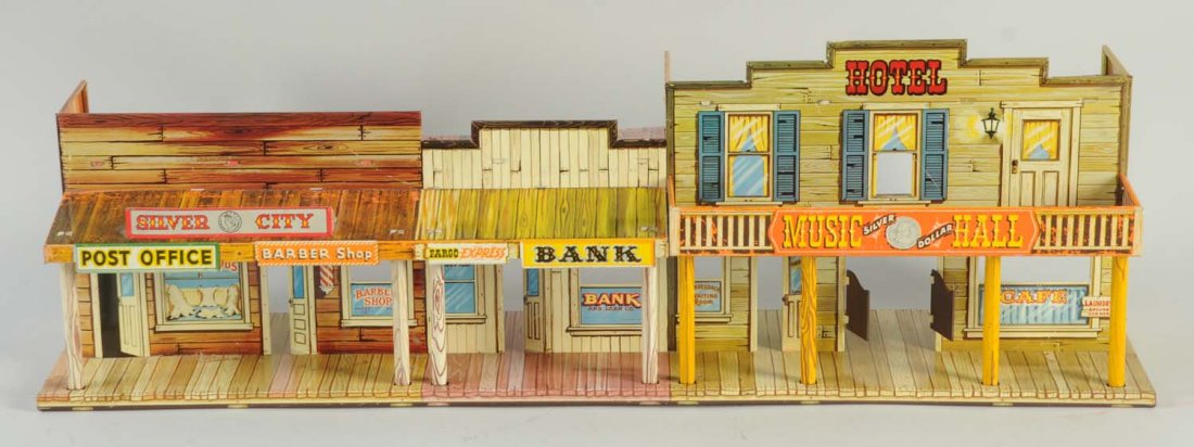Marx Silver City & Western Town Play Set.: Set contains the tin litho series of buildings, including: hotel, music hall, bank, barber shop, and post office. It is very well decorated and has beautiful litho colors. The set also includes