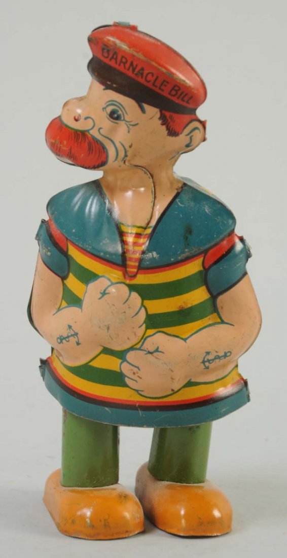Tin Wind-Up Barnacle Bill Toy.: Toy has some minor scratches towards the legs and feet, and a few on the front and back. Otherwise, bright and attractive litho colors. Condition (Very Good - Excellent). Size 6" T.