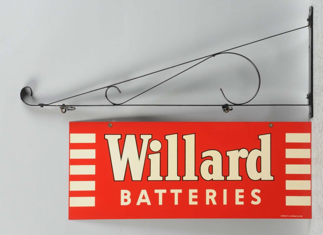Willard Batteries Tin Sign & Original Bracket.: Double sided Tin sign. Light wear. Condition (Rated 8). Size Sign: 12" x 30" Bracket: 36" L.