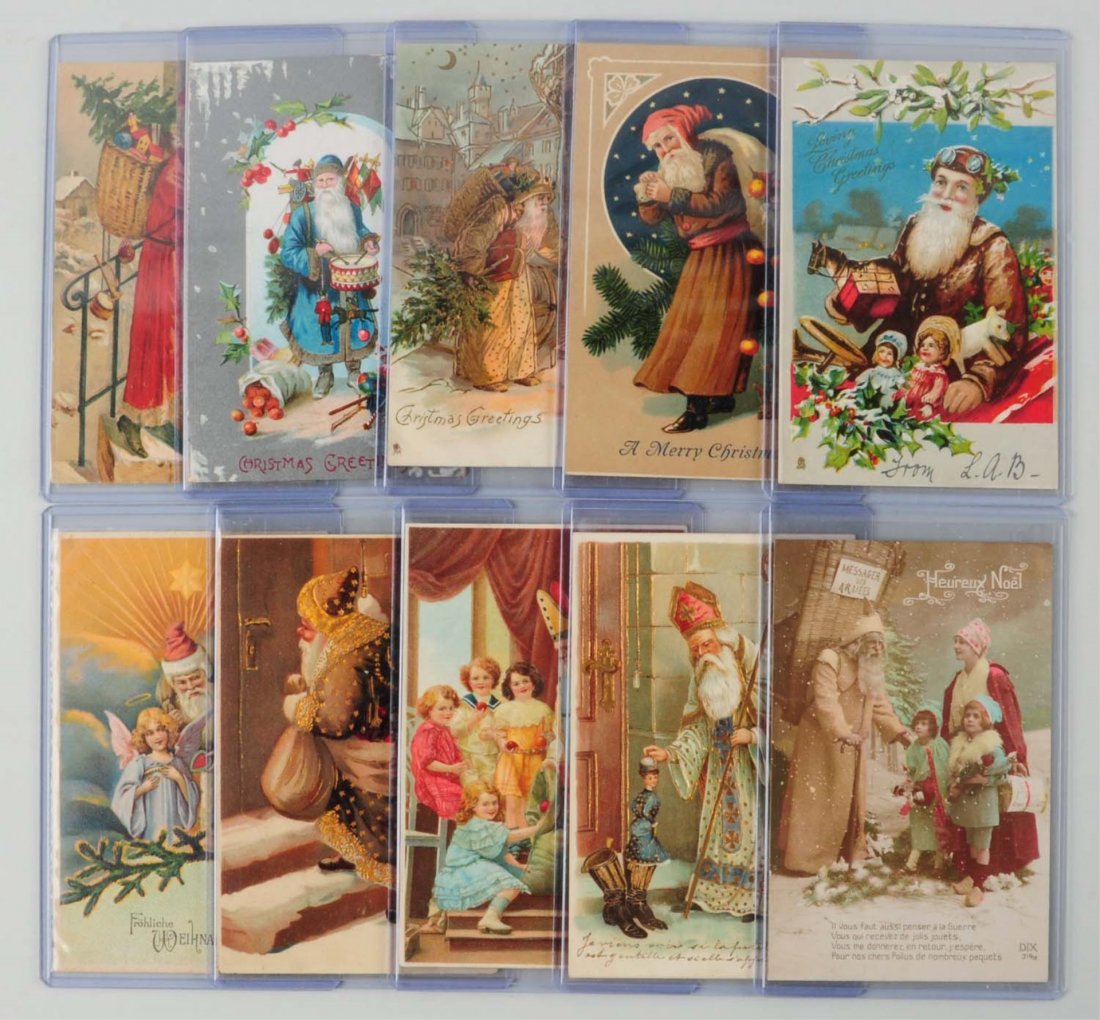 Lot of 10: Santa Postcards.: Lot has three St. Nicholas in white robes, four Santas in brown, and three in pink, red, and blue. Condition (Very Good - Excellent).