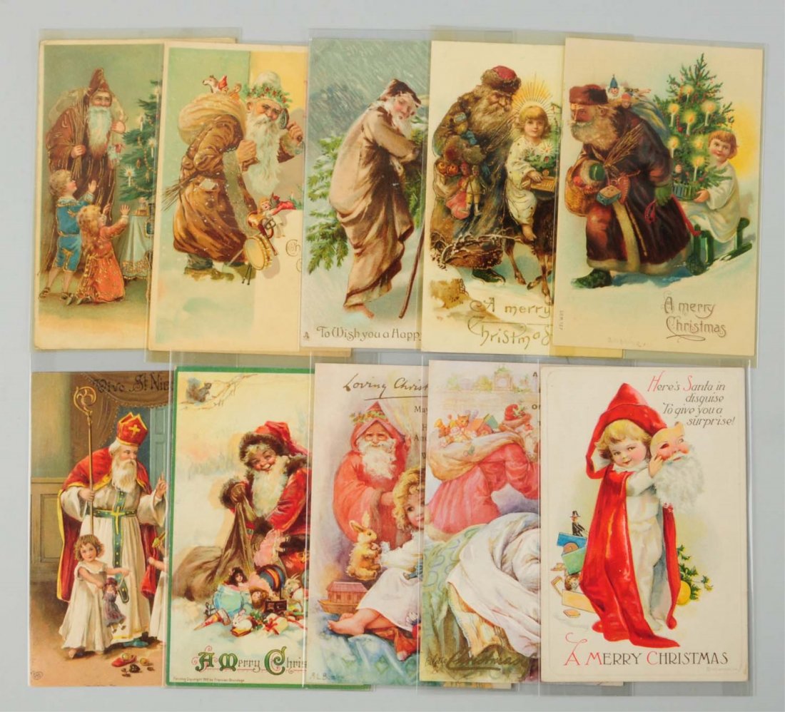 Lot of 10: Santa Postcards.: Lot consists of one Clapsaddle, two Bowley, one Brundage, one St. Nicholas, and five others in various shades of brown robes. Condition (Very Good - Excellent).