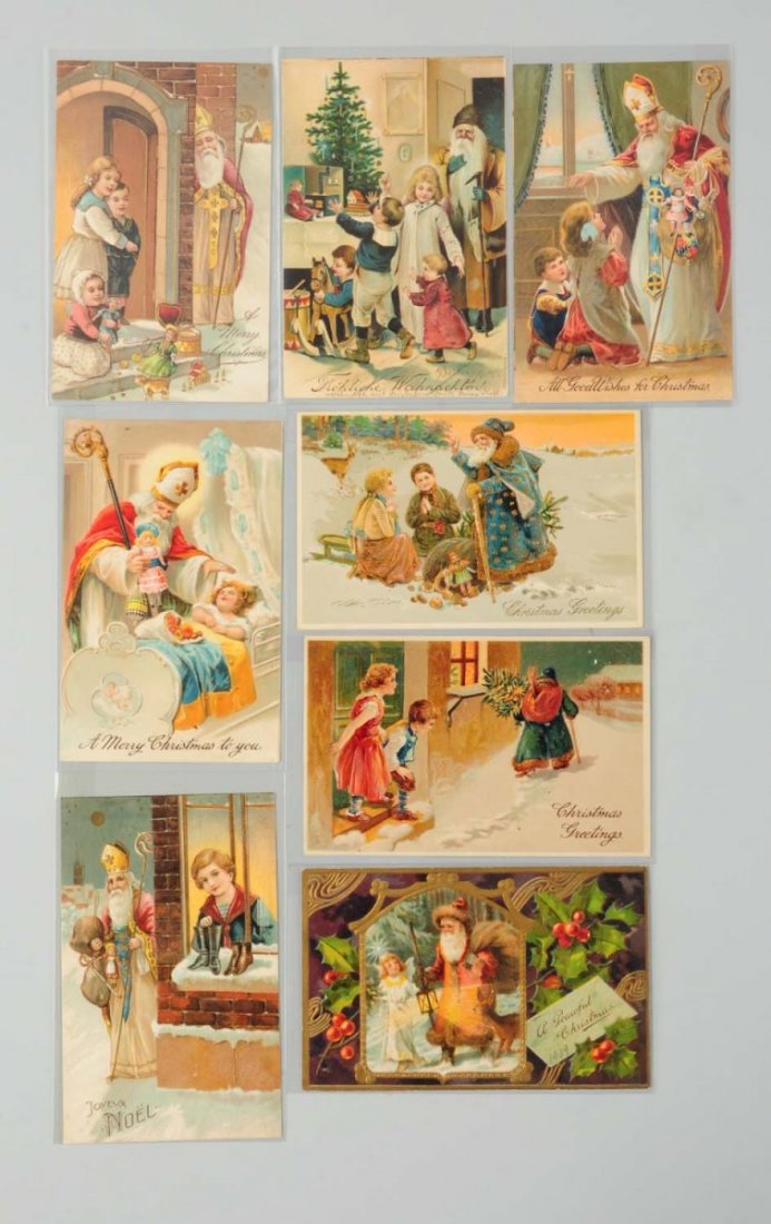 Lot of 8: Santa Postcards.: Lot of eight published by PFB: includes four St. Nicholas and various color robes. Condition (Very Good - Excellent).