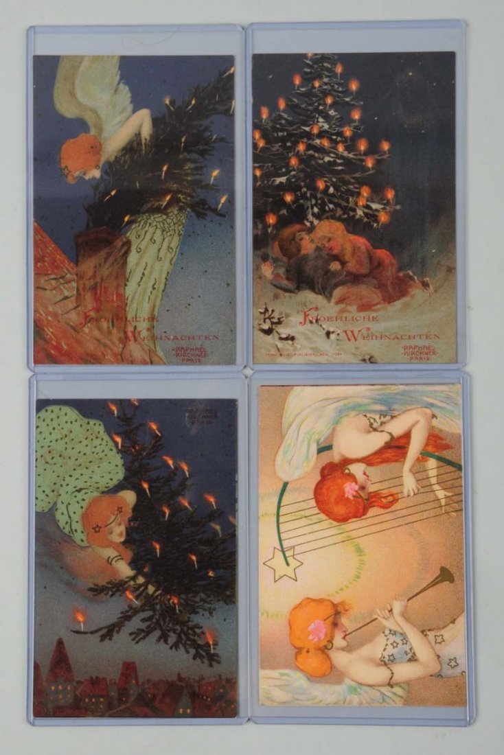 Lot of 4: Raphael Kirchner Postcards.: Beautiful angels, Christmas, tree down chimney, sleeping children, flying with tree, #5213 horizontal with harps. Three are #184. Condition (Very Good - Excellent).