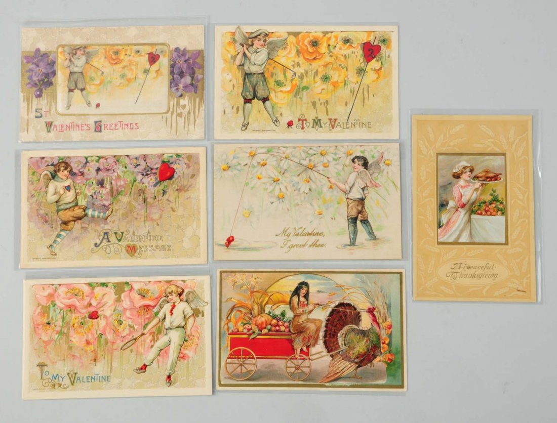 Lot of 7: Schumucker Winsch Postcards.: Five Valentines. Boys sports. One football, one tennis, one fishing (full silk), golf and silk patch. Wheat border with inset lady with turkey platter (mark). Thanksgiving Indian Maiden. Rare "Stand-o