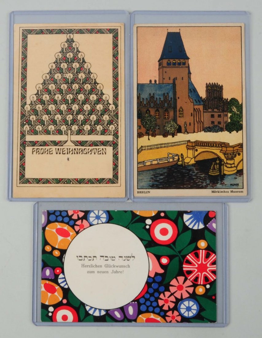 Lot of 3: Wiener Werkstatte Postcards.: No. 445 Kuhn - Image of a museum in Berlin. Rounded corners. No. 41 - Image of Christmas tree. Two holes and two corners bumped. B.K.W.I - WW - Stoff reproduction - Tonas - Jewish New Year with bold f