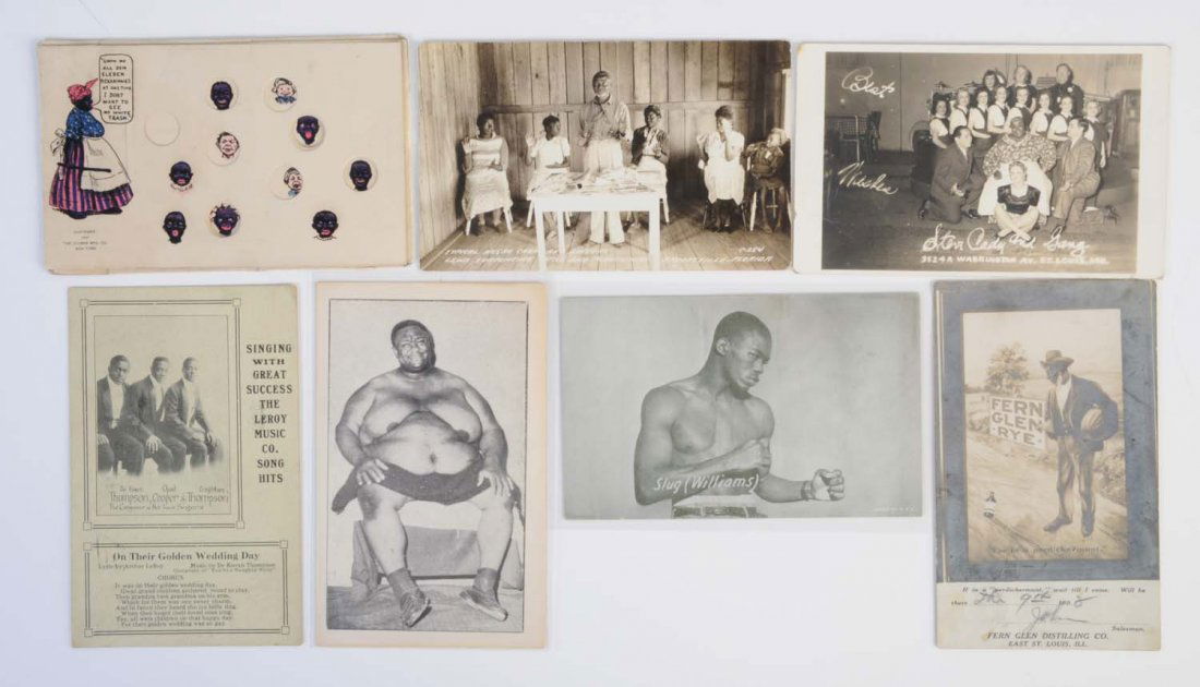Lot of 7: Black Advertising Postcards.: Seven images - Circus fat man (not a postcard back) - singers - three, Fern glen rye. Exhibit card of Slug Williams fighter (not a postcard back); and pick the pickaninnies puzzle card. Four have faul