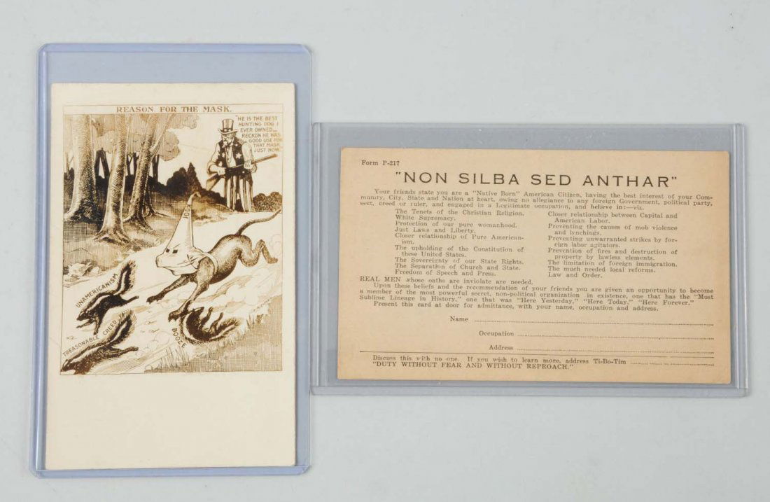 Lot of 2: KKK Klan Pieces.: Includes one postcard, "Reason for the Mask" photo-type cartoon showing Uncle Sam and skunk; and one other card titled "Non-Silba Sed Anthar".
