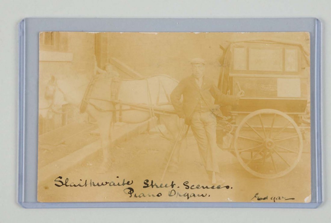 One-Legged Organ Grinder Photo Postcard.: This real photo foreign postcard depicts an organ grinder with one leg and shows his organ and horse. This card is postmarked 1904 Huddersfield - England. Condition (Very Good).