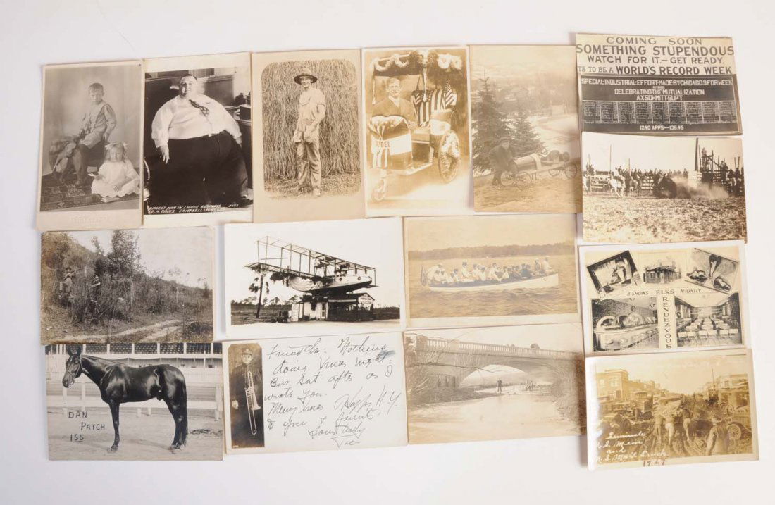 Lost of 16: Assorted Real Photo Postcards.: This lot of 15 real photo postcards and 1 photo depict a wide variety of subject matter, They include Dan Patch horse, rodeo, a peddle car, an airplane diner, and others. One photo does not have a pos