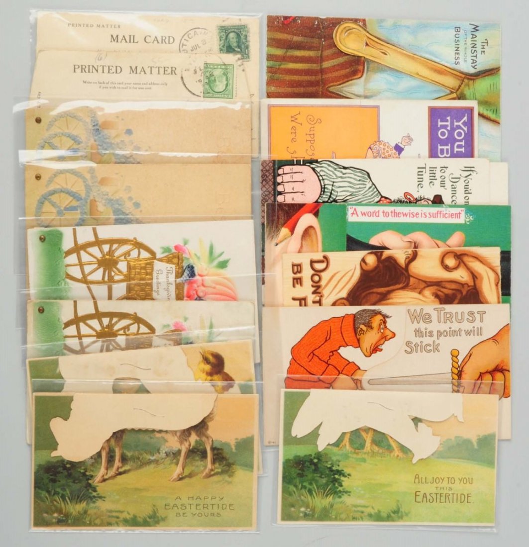 Lot of 15: Mechanical Postcards.: Includes seven nash-type fold out cards. Jester, phone, organ grinder, sword, man and suspenders. Man's neck extends with a pull out tab, which is bent. Hutlaf signed donkey opens out to two cards. Ho