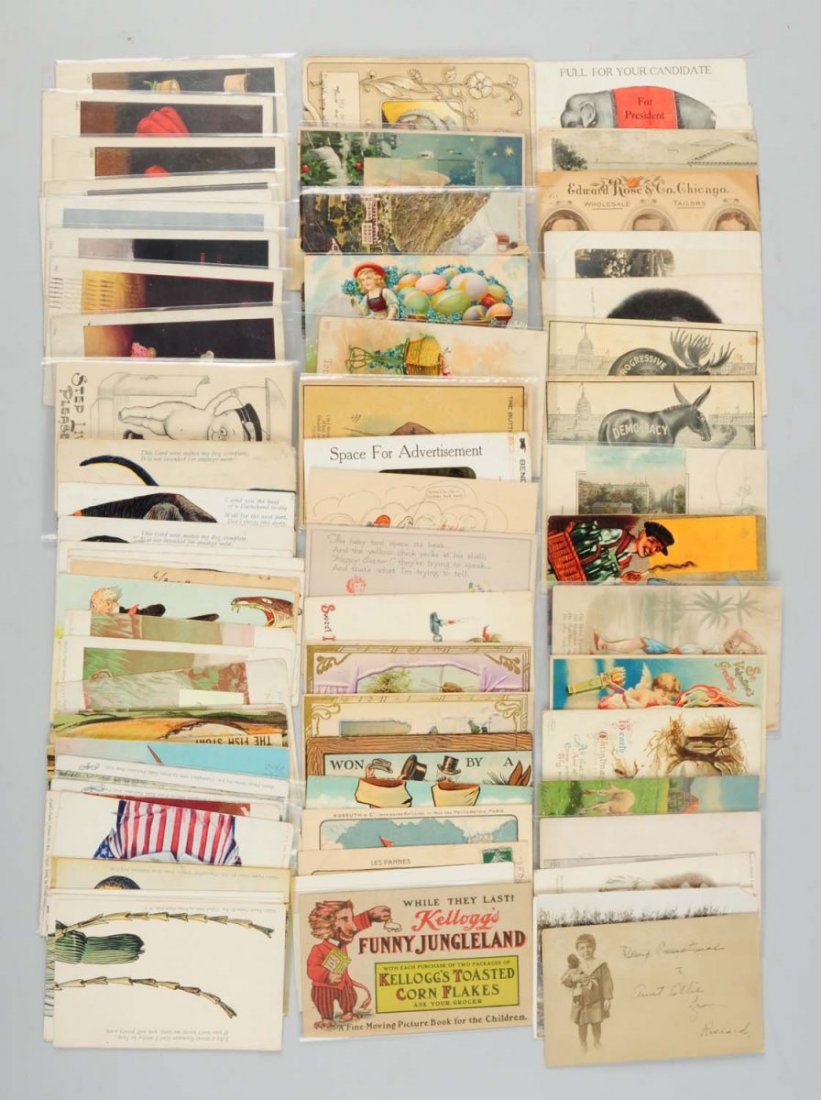 Lot of 149: Assorted Postcards.: Includes seven politicals, one mechanical Berlin, one sand card, one silouette, two Clapsaddle mechanicals, one Mailick squeaker, two shutter cards, one pull tab, two mechanical, four buttons, one mov