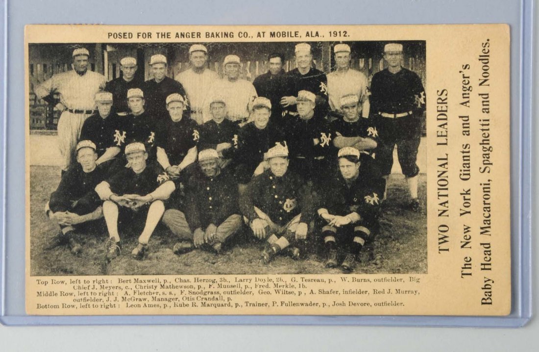 1912 New York Giants Baseball Team Postcard.: This postcard depicts the 1912 National League pennant winning New York Giants. Christy Mathewson, Rube Marquard, and Big Chief Meyers were on this team. This card also advertises Baby Head macaroni, 