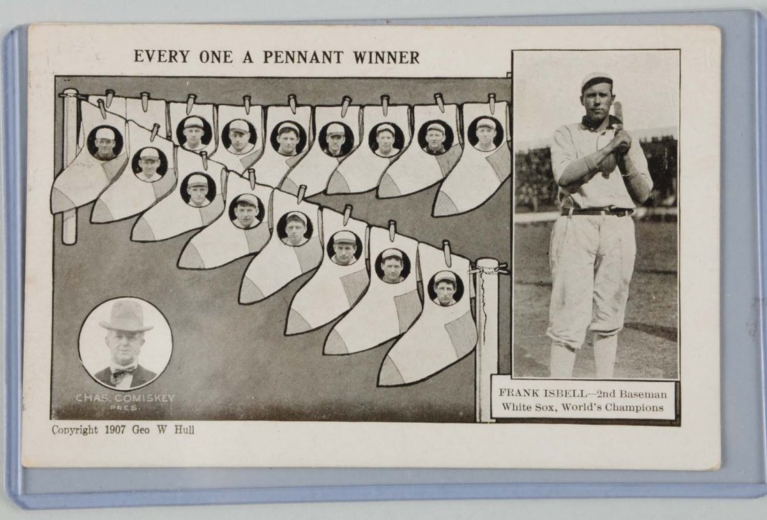 Frank Isbell Baseball Postcard.: This postcard features White Sox second baseman Frank Isbell. Other players are pictured on the hanging White Sox. President Charles Comiskey is pictured as well. This card has been cancelled. Postmar