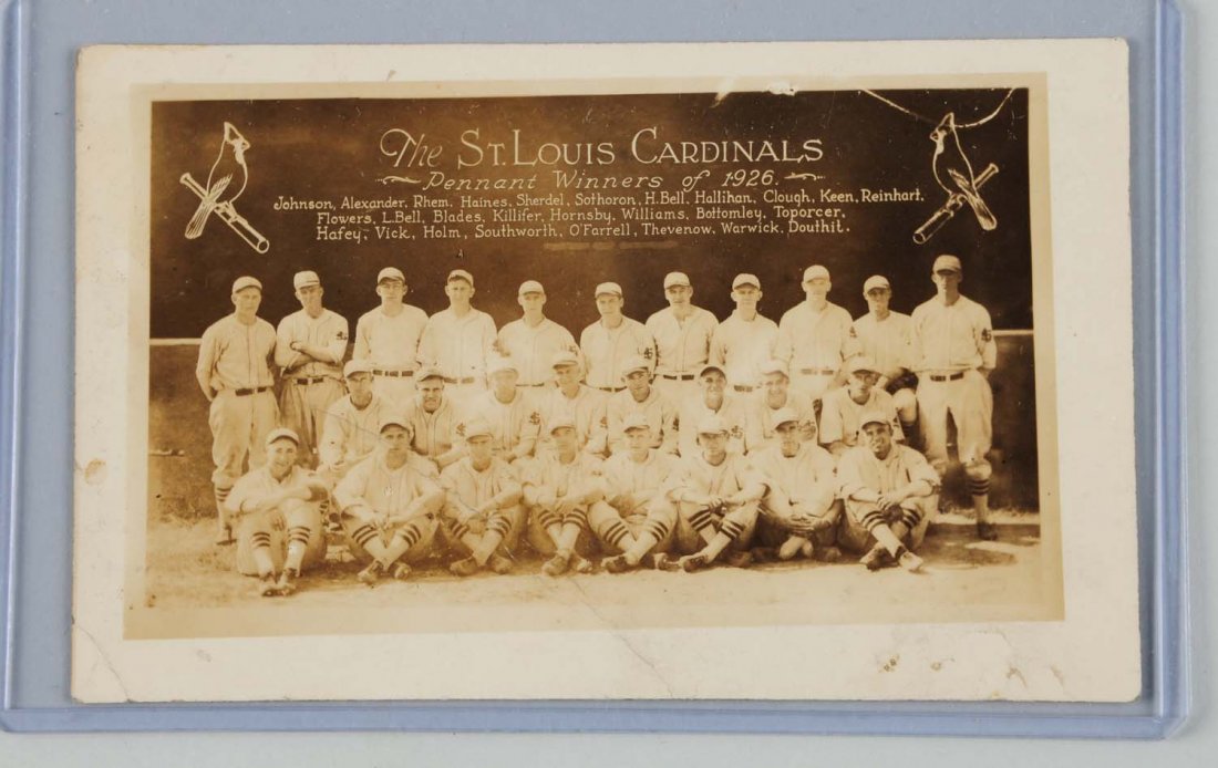 1926 St. Louis Cardinals Real Photo Postcard.: This Real Photo Post Card depicts the National League Champion Cardinals. Grover Cleveland Alexander and Rogers Hornsby are on this team. This card is uncancelled but does have a few creases. Conditio