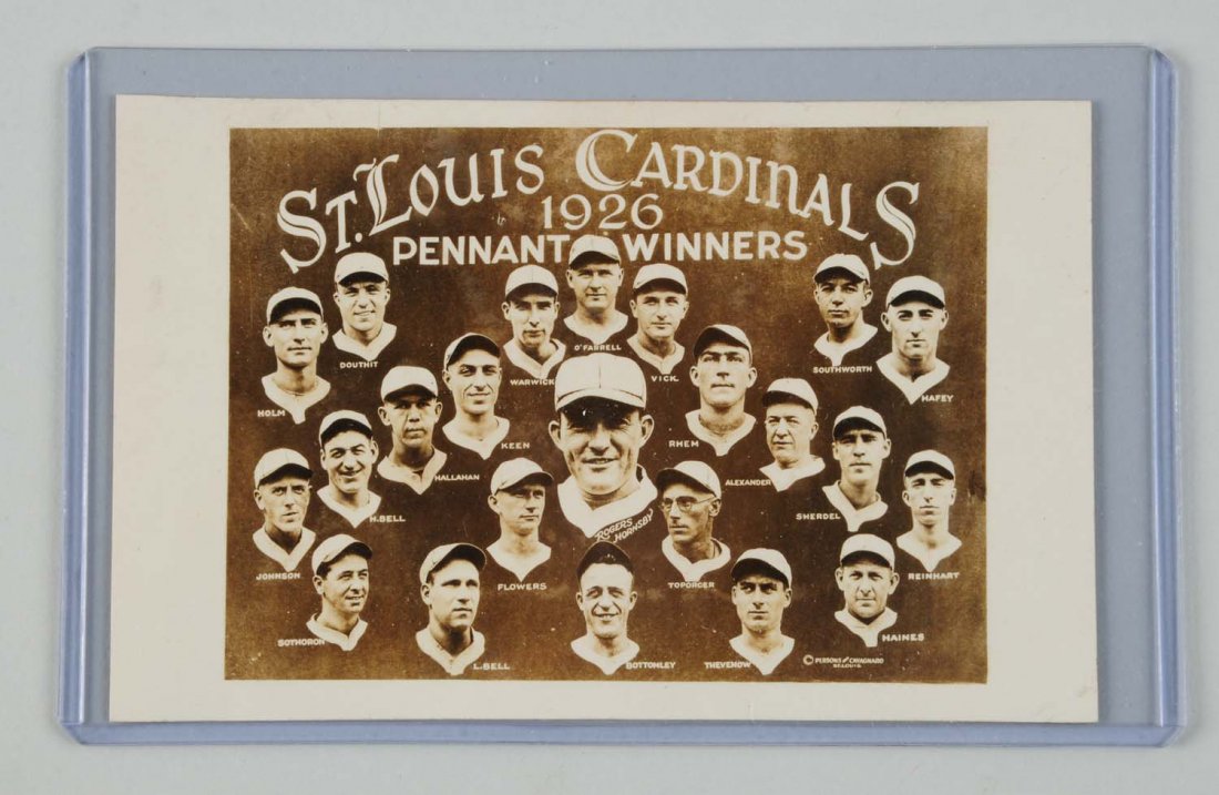 1926 St. Louis Cardinals Baseball Photo Postcard.: This real photo postcard depicts the 1926 St. Louis Cardinals who won the National League Pennant and the World Series this year. Rogers Hornsby was player-manager. This card is uncancelled. Publisher