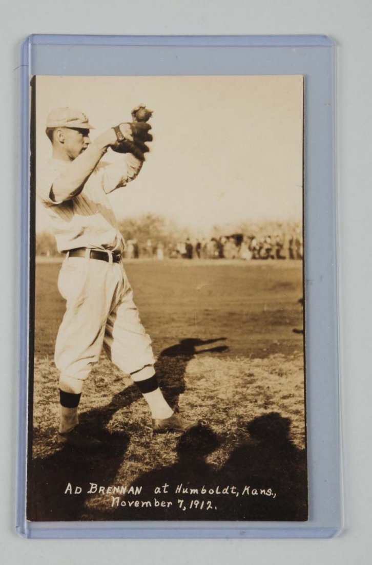 Ad Brennan Baseball Real Photo Postcard.: This real photo postcard depicts Ad Brennan at Humboldt, Kansas, November 7, 1912. Brennan spent five years in the majors, mostly with the Philadelphia Phillies. This card has not been cancelled. Cond