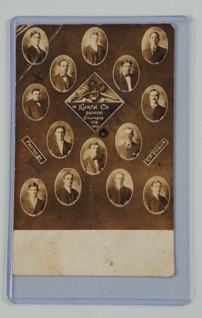 1907 Kurth Brewery Baseball Team Photo Postcard.: This real photo postcard depicts the Kurth Brewing Company baseball team from Columbus, Wisconsin. Kurth Co. Brewers. This card has been cancelled and has moderate corner bumping and one heavy corner 