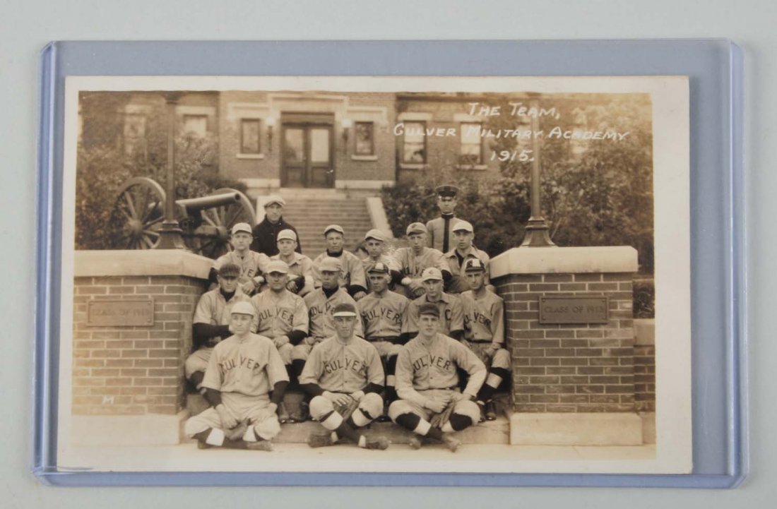 1915 Culver Military Academy Baseball RPPC.: This real photo postcard depicts the 1915 Culver ball team. Culver, Indiana. This card is uncancelled. Photographer: J. Inbody, Elkhart, IN. Condition (Excellent).