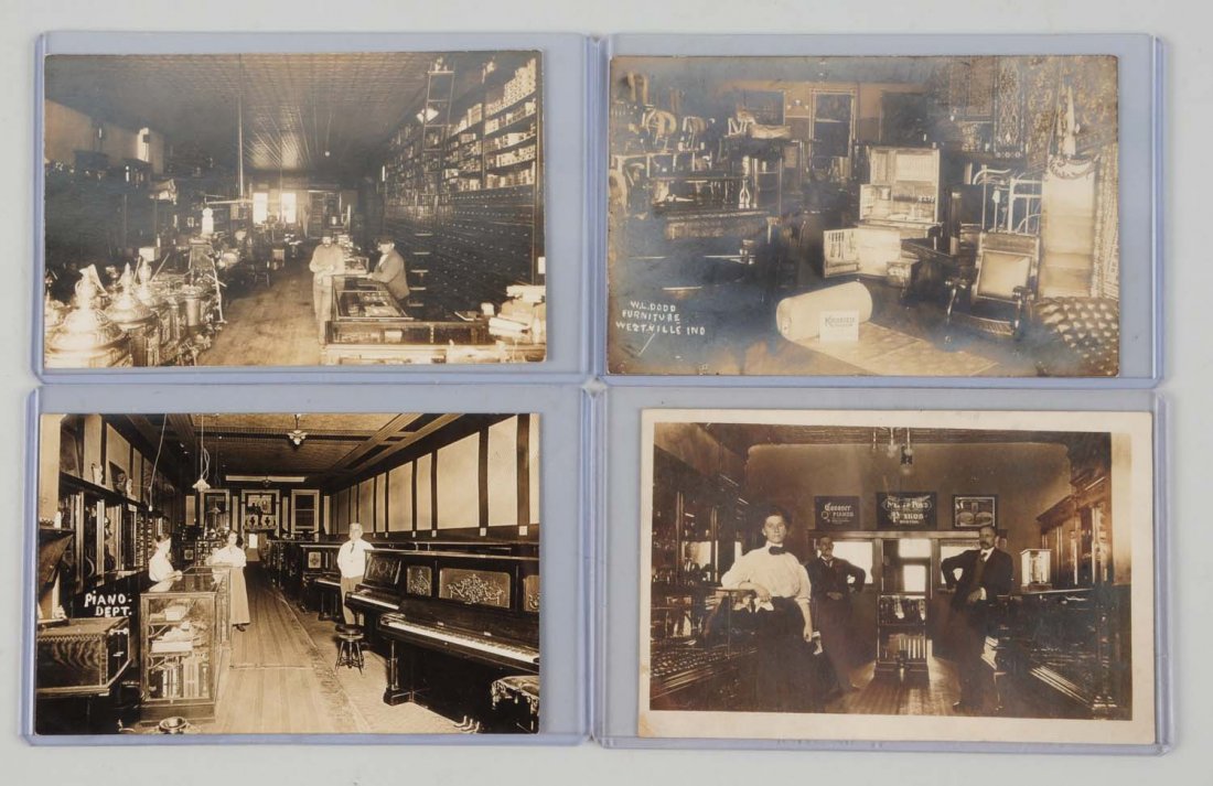 Lot of 4: Store Interior Real Photo Postcards.: This lot of four postcards depict the interior of a watch store, a stove store, a piano store, and a household goods store. The furniture store is W. L. Dodd, in Westville, Indiana. Condition (Very Go