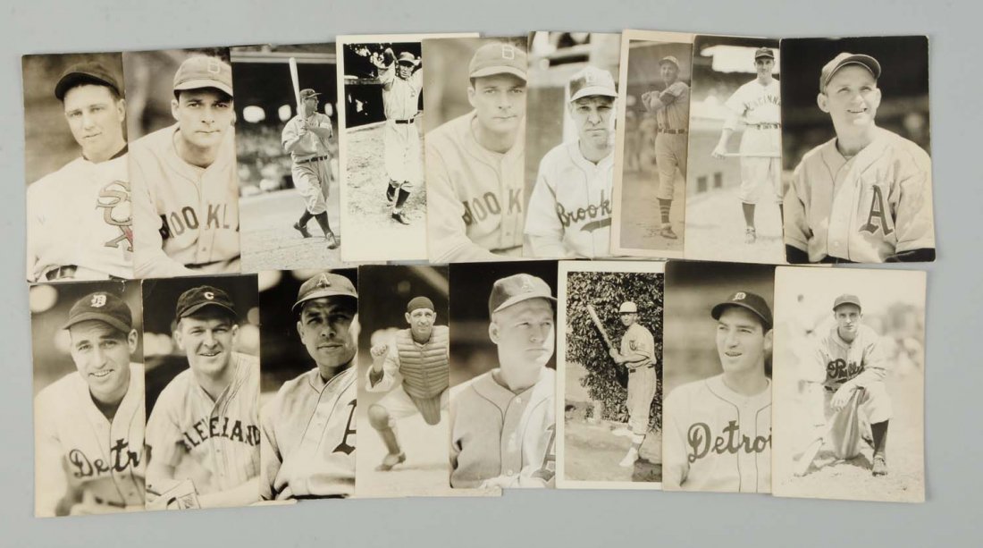 Lot of 16: 1950s Baseball Player Photo Postcards.: This lot of 16 real photo postcards depict baseball players including Lou Gehrig, Schoolboy Rowe, Luke Hamlin, and others. Condition (Very Good - Excellent).