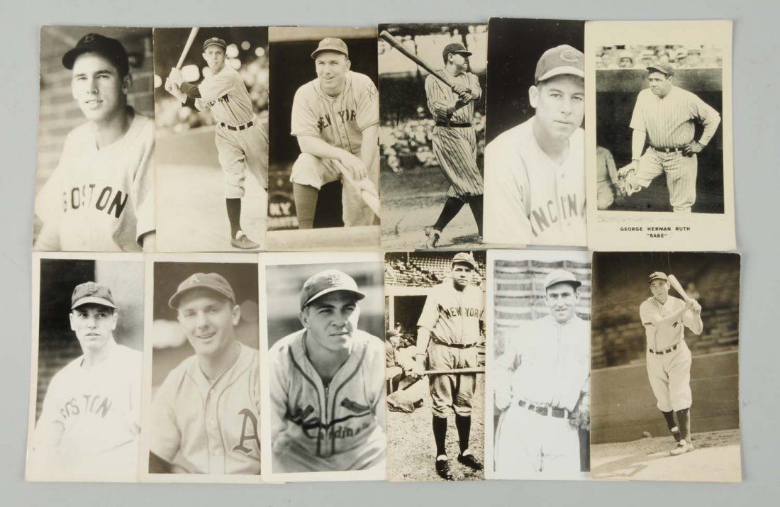 Lot of 12: 1950s Baseball Player Photo Postcards.: This lot of 12 real photo postcards depict baseball players. Three depict Babe Ruth. Also represented are Tony Lazzari, Jim Steiner, Earl Johnson, and others.