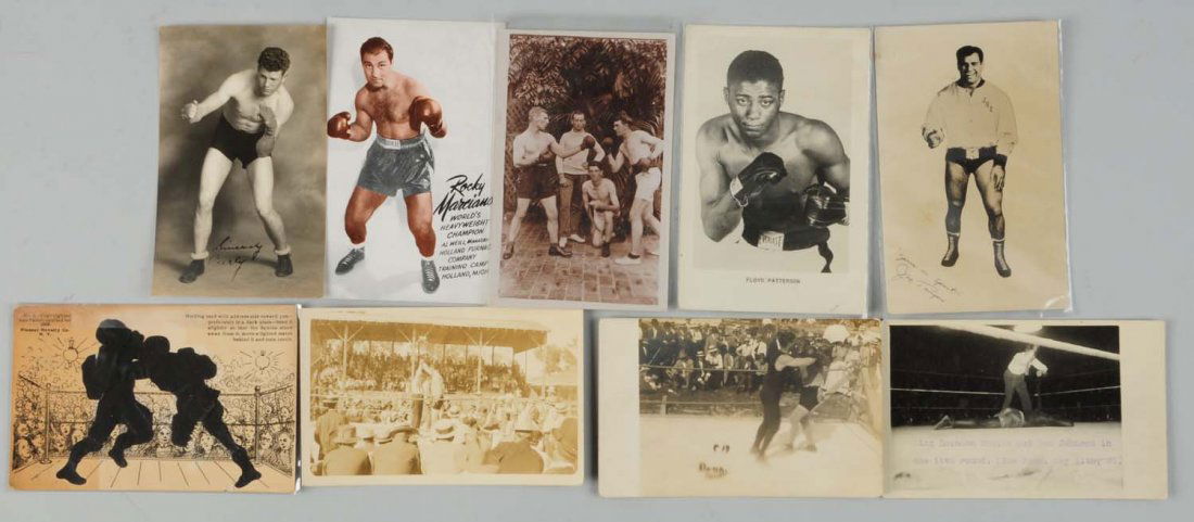 Lot of 9: Boxing Related Postcards.: Most cards in this lot are real photo postcards. Those cards include a Jack Johnson fight scene, a Floyd Patterson, and others. Condition (Very Good).