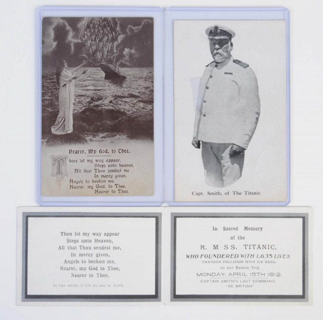 Lot of 2: Titanic Related Postcards.: This lot includes a postcard depicting Captain Smith and the other depicts the ship sinking with the words "Never My God To Thee". Also in this lot is a memorial card. Condition (Very Good).