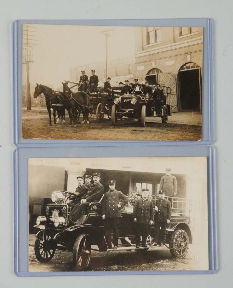 Lot of 2: Early Fire Engine Real Photo Postcards.: This lot of two real photo postcards depict unidentified fire departments. Horse drawn wagon and automobiles. Condition (Excellent).