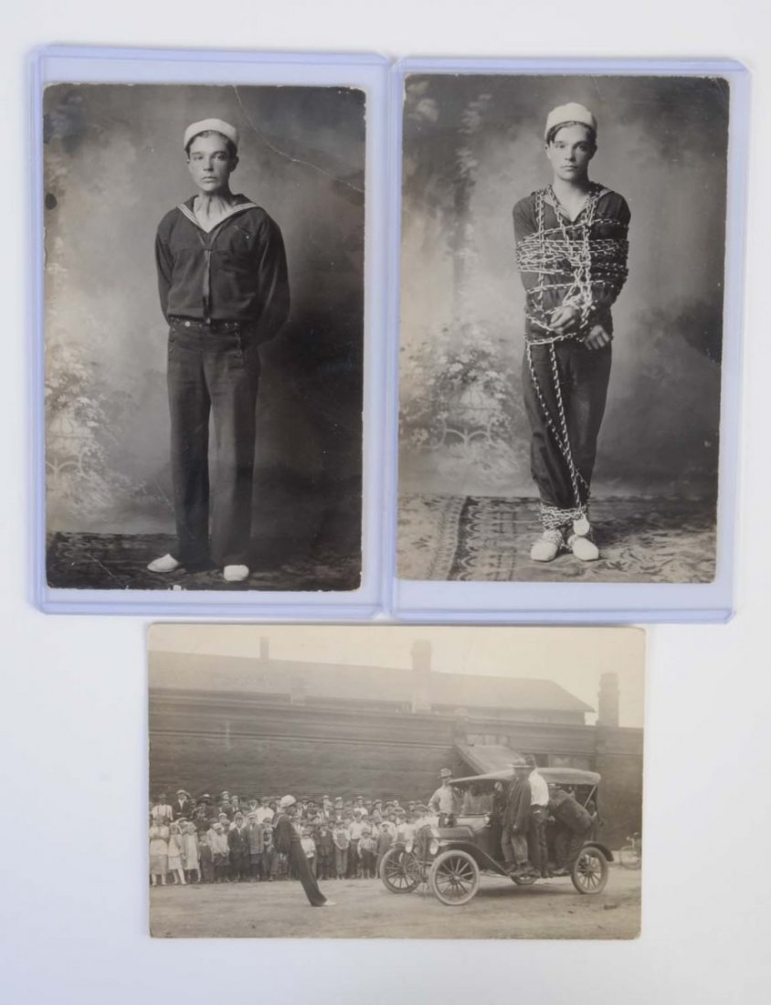 Lot of 3: Escape Artist Real Photo Postcards.: Fantastic group of three real photo postcards showing an escape artist. One shows him locked in chains; one shows him doing some sort of odd neck stretching move; and the third card shows him on the s