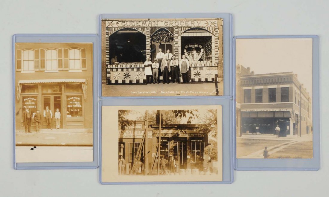 Lot of 4: Store Front Real Photo Postcards.: The four real photo postcards in this lot depict Gudeman grocery store in Rock Falls, Illinois that is decorated with ears of corn for the Corn Carnival in 1913; a pharmacy; Alfred Preston Hardware st