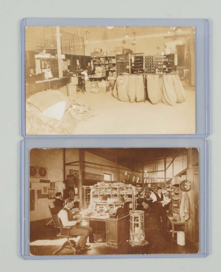 Lot of 2: U.S. Post Offices Interior View RPPCs.: This lot of two real photo postcards depict interior views of unknown post offices. Roll top desk, stacks of mail. Condition (Excellent).
