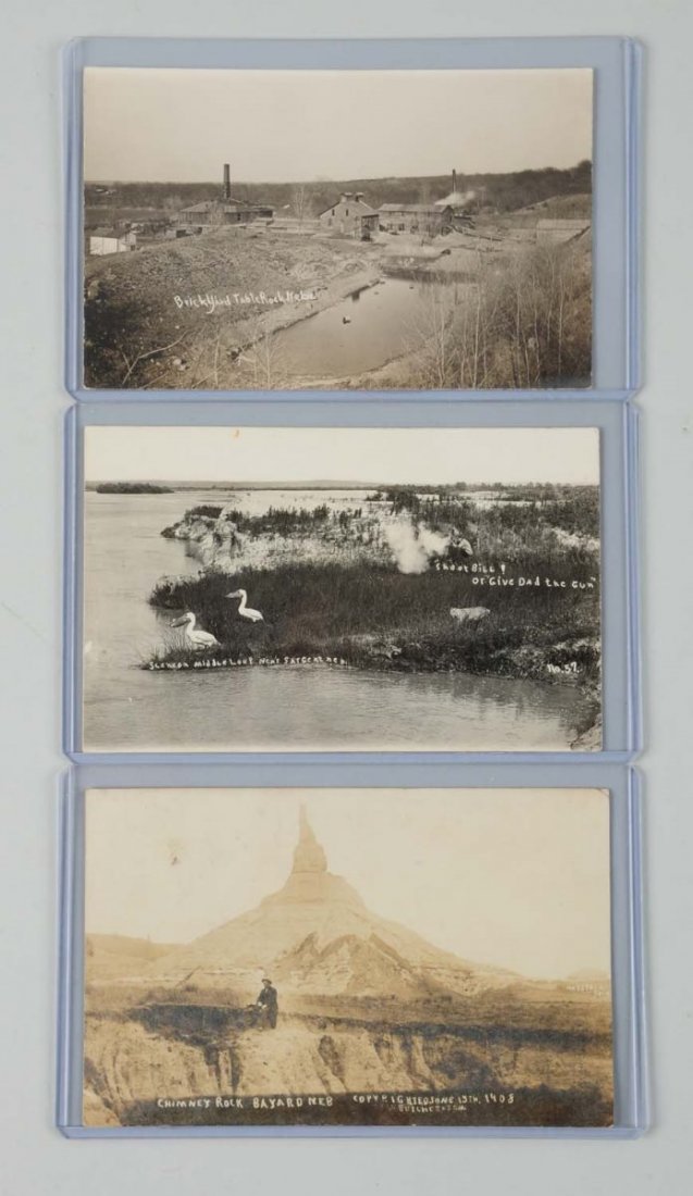 Lot of 3: Nebraska S.D. Butcher Photo Postcards.: This lot of three S.D. Butcher real photo postcards depict scenes in Table Rock; Sargent; and Bayard, Nebraska. Table Rock, NE Brick Yard; Sargent hunting with superimposed birds; Bayard, NE Chimney R