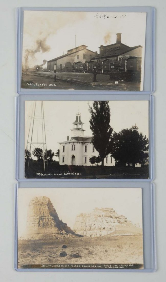 Lot of 3: Nebraska S.D. Butcher Photo Postcards.: This lot of three S.D. Butcher real photo postcards depict scense in Gibbon; Bridgeport; and North Platte, Nebraska - railroad yard. Condition (Excellent).