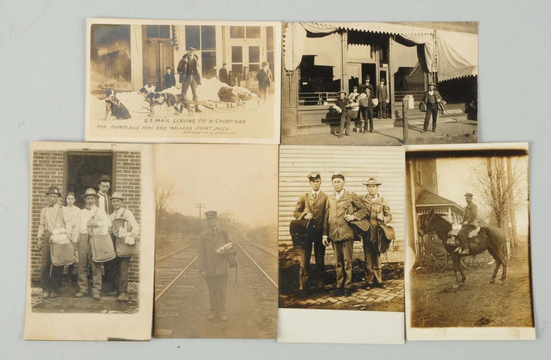 Lot of 7: Early Mail Carrier Real Photo Postcards: This lot of six real photo postcards depict early mail carriers including a dogsled teams in Cheboygan, Michigan; the Lenox, Iowa post office with carriers; man on horse and others that are unidentifi