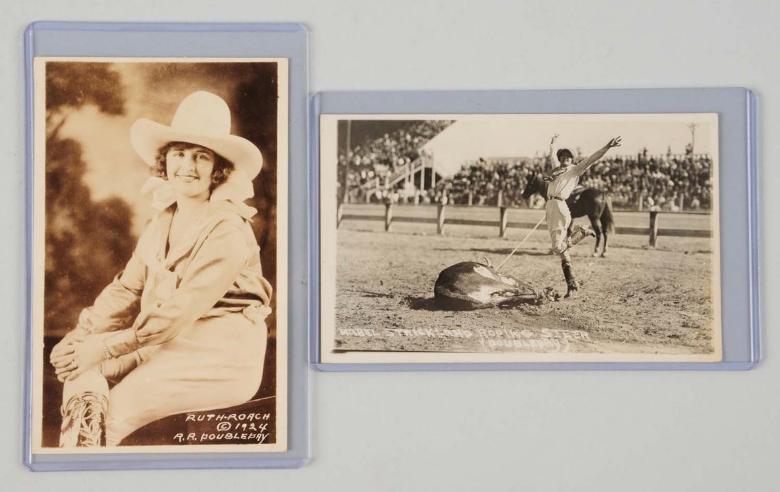 Lot of 2: Rodeo Famous Cowgirls Photo Postcards.: This lot includes a real photo postcard depicting Mabel Strickland and another picturing Ruth Roach. The Ruth Roach card does not have a postcardl back. Published by Doubleday. Condition (Excellent).