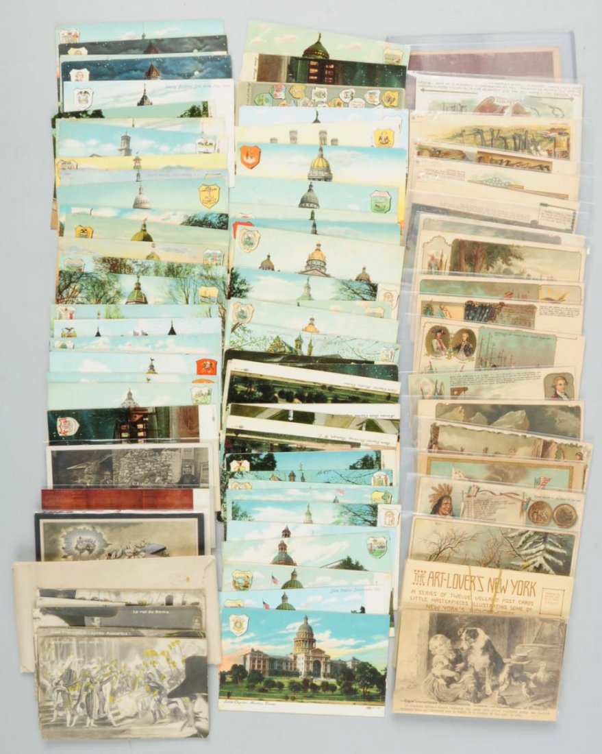 Lot of 137: Assorted Postcards.: Includes ten card installment of Napoleon with faults, set of 11 Quakers, eight mourning, 13 sepia Art, three marble shooting, and 59 State Capitals. This lot also includes a 12 card set Volland with 