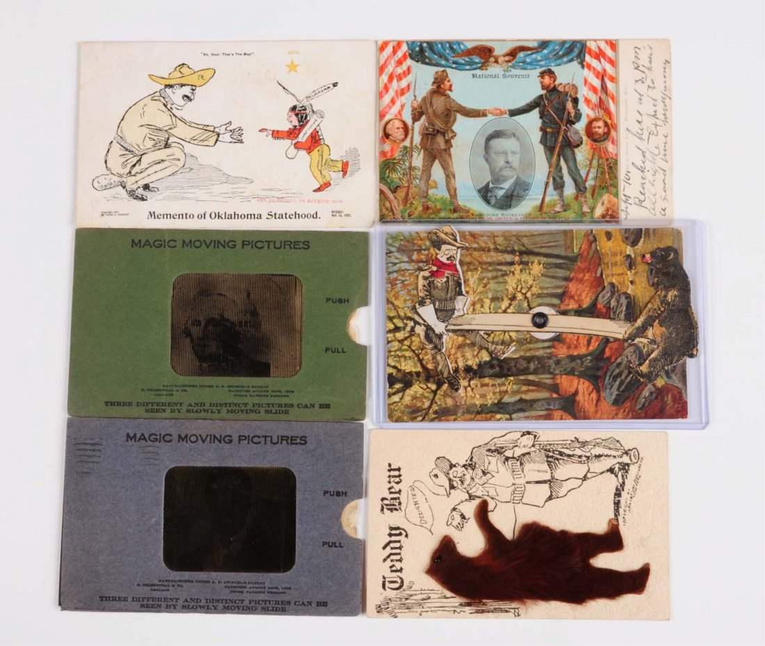 Lot of 6: Political Postcards.: Six political postcard designs - Magic Moving Pictures puzzle cards; Teddy Bear, Teddy Roosevelt. Novelty, mechanical postcards. Condition (Very Good).