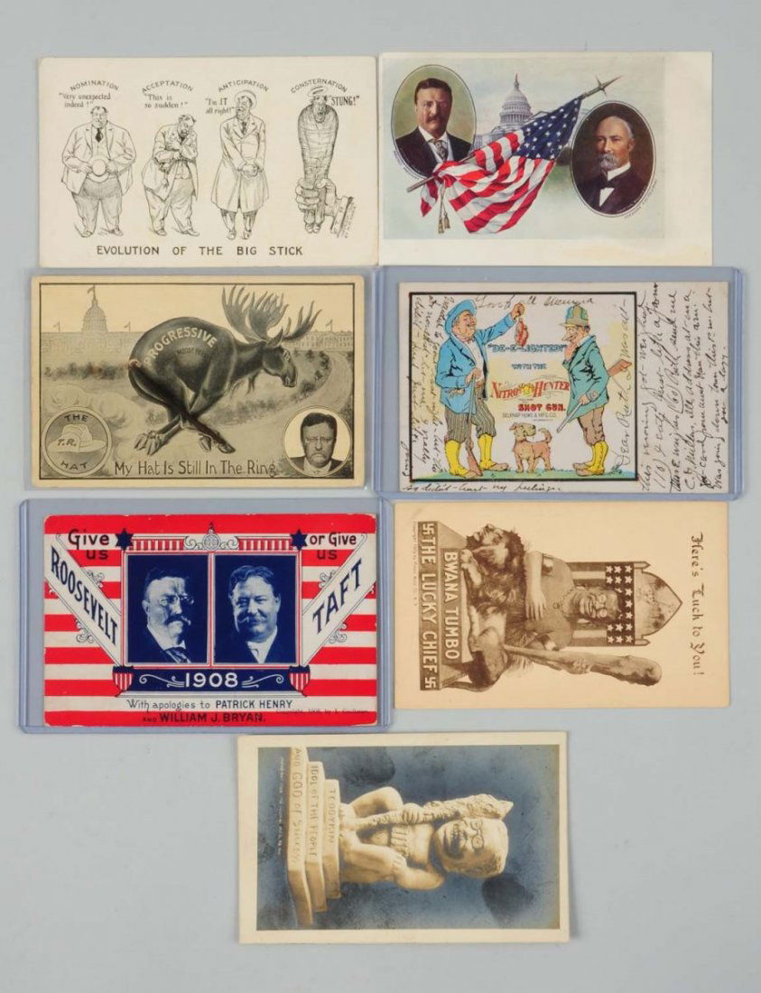 Lot of 7: Teddy Roosevelt Political Postcards.: Includes one Teddykin photo-type card, Bwana Tumbo, apologies to Patrick Henry and Bryan, Nitro Hunter advertising guns, Progressive wild tail, color candidates and Evolution of the Big Stick. Two wit