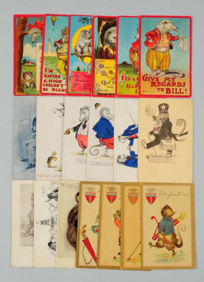 Lot of 19: Billy Possum Political Postcards.: Includes 14 political presidential cards with Uncle Sam, teddy bear and golf. Seven are in poor condition, four are in good condition with edge wear. Billy Possum represents President William Taft. So