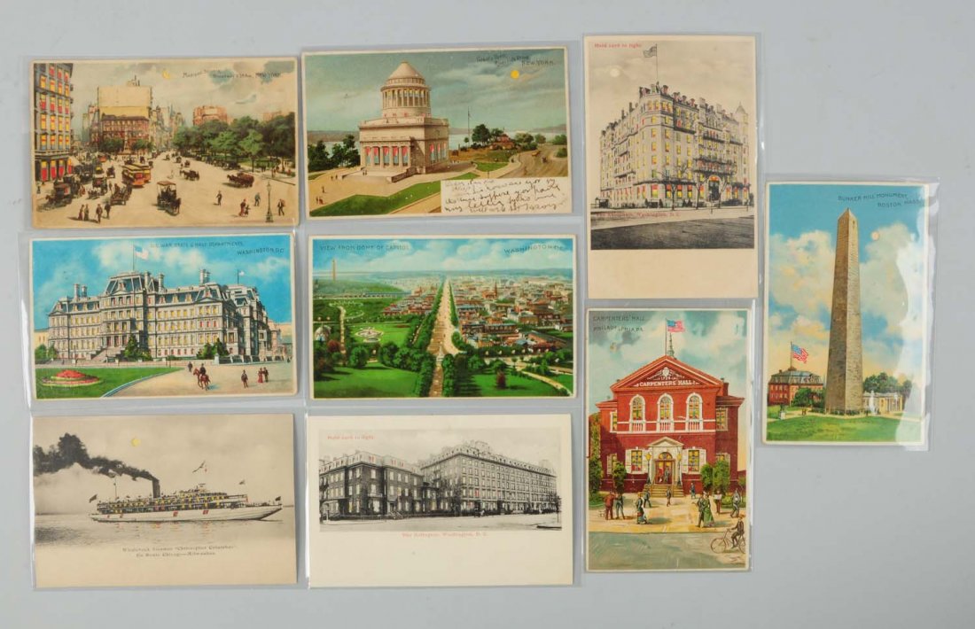 Lot of 9: Mixture Hold-to-Light Postcards.: Two New York, One Boston, One Philadelphia, Four Washington, D.C (2 color, 2 black and white). One Christopher Columbus steamer - black and white. Condition (Very Good).
