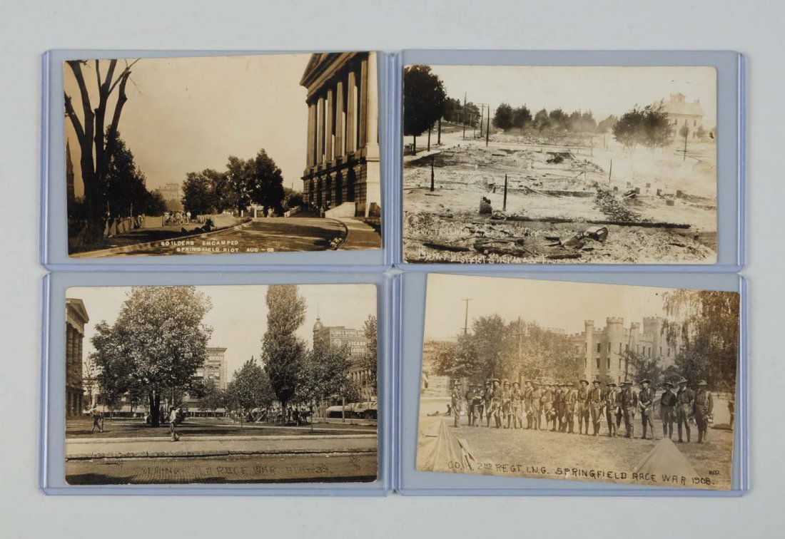 Lot of 4: Race Riot Real Photo Postcards.: This lot contains four real photo postcards depicting the aftermath of the 1908 Springfield, Illinois riots. Black Americana. Condition (Excellent).