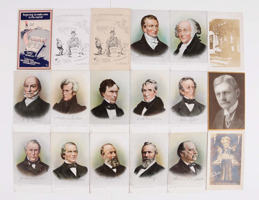 Lot of 41: Political and Presidential Cards.: Not all pieces are postcards. Includes 12 Tuck Presidents; political complexion of the U.S. from circa 1860-1908 cards, several Virginia to other state political cards, TV and current event set, along
