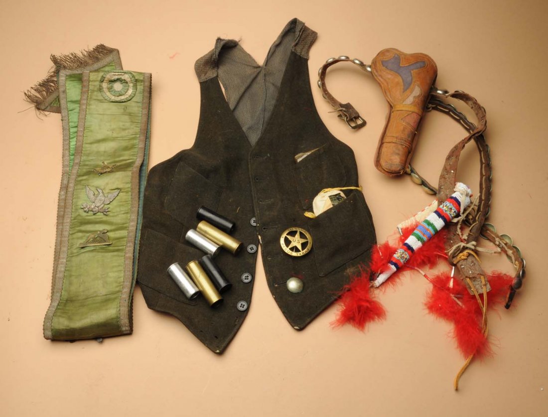 Lot of Western Items.: Lot includes a vest with a U.S Marshall badge attached, a small holster and several other items. Condition (Very Good). Size Largest: 32" L.