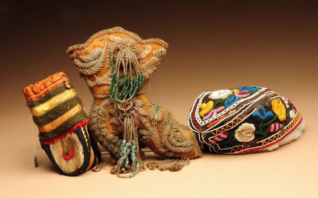 Lot of 3: Eastern Woodlands Items.: Three pieces of Eastern woodlands beadwork, Iroquois shoe whimsy, Iroquois glengerry hat, and one small eastern Canadian purse. There is bead loss and damage to the hat and shoe whimsy. Condition (Fai