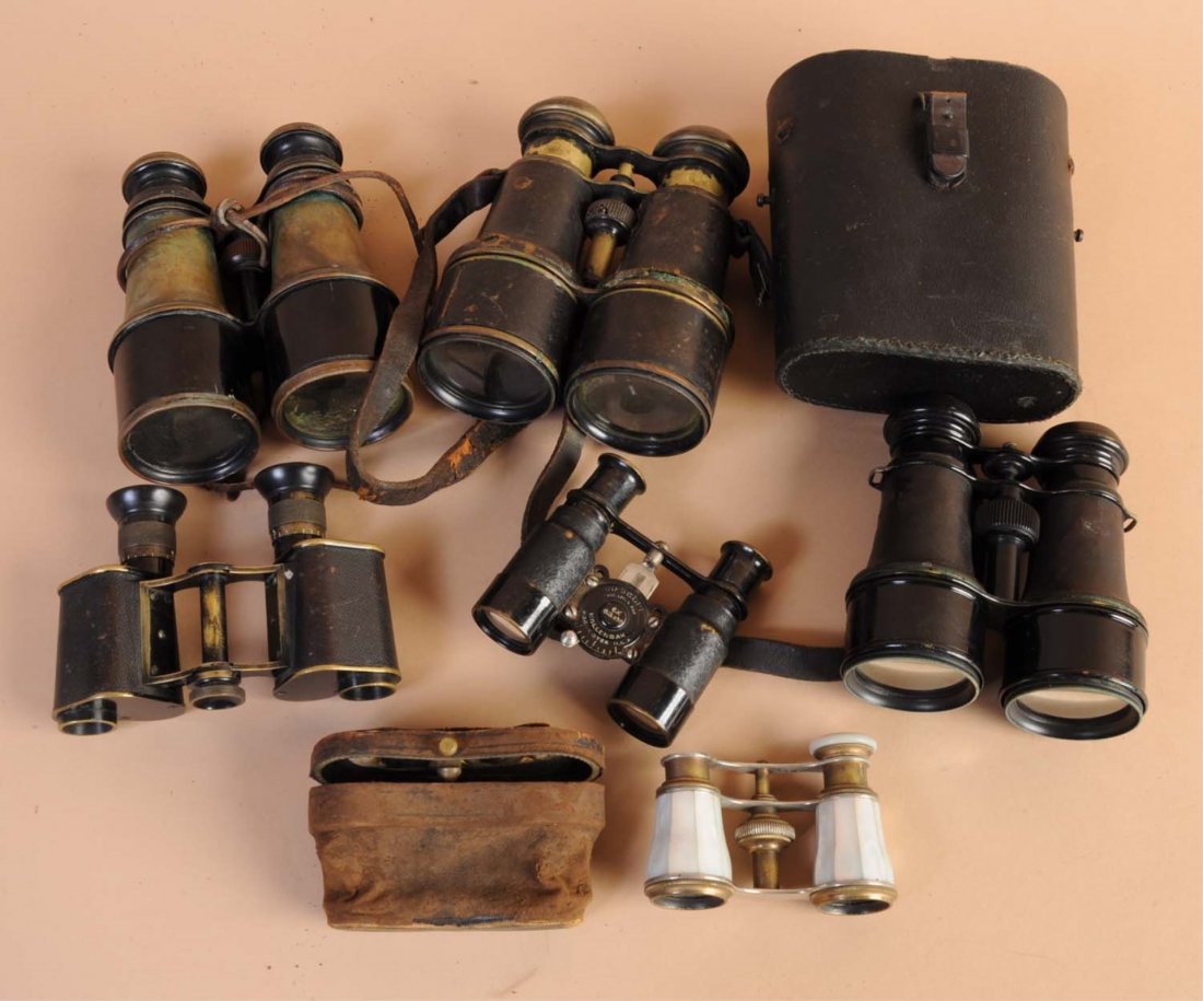 Lot of 6: Binoculars.: Includes two sets of opera glasses, one with mother of pearl, missing one eye lens. Also includes four sets of early binoculars. Condition (Very Good - Excellent). Size Largest: 6" L.