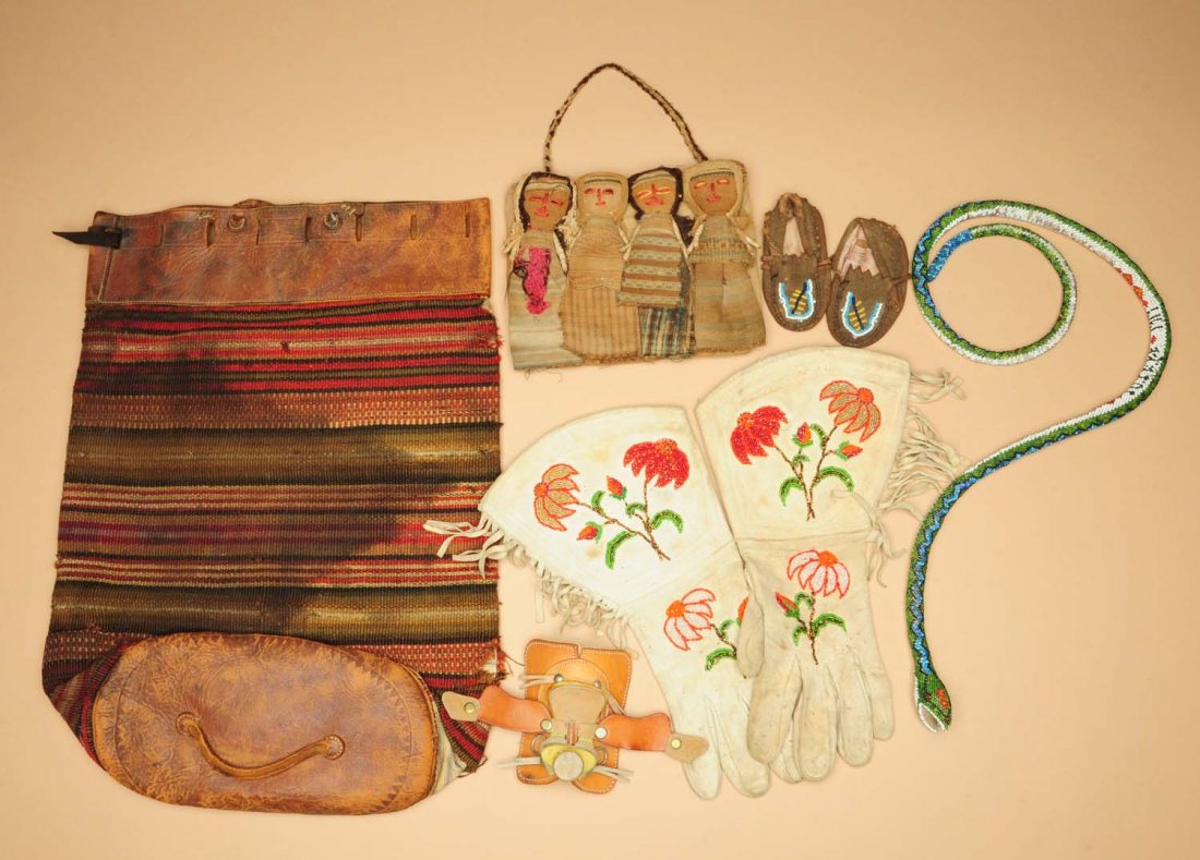 Lot of Native American Items.: This lot includes a pair of gloves with beadwork, a child's pair of moccasins with beadwork, and other items. Condition (Very Good - Excellent). Size Largest: 47" L.