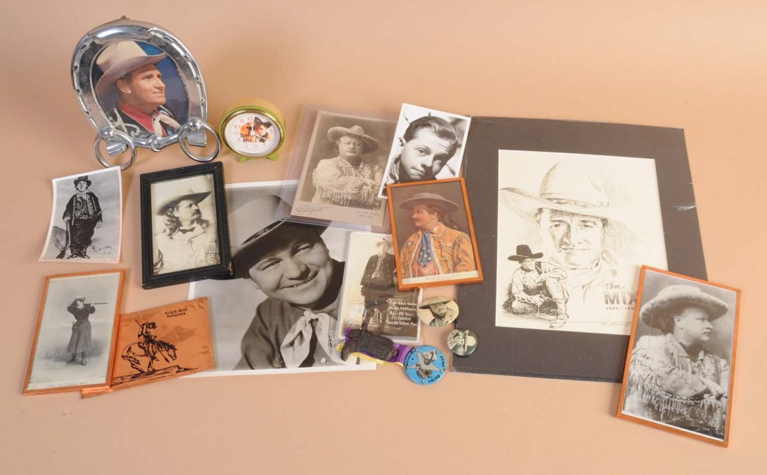 Lot of Cowboy Photos/Postcards.: Includes world's tallest man, Billy the Kid, Mayor Gordon, Cowboy Girl, Tom Mix and Tom Mix doll, Pawnee Bill, Gene Autry, two buttons and others. Condition (Excellent). Size Largest: 10" L.