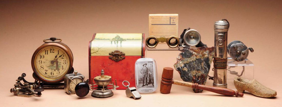 Lot of Assorted Items of Interest.: This lot includes a time stamp, opera glasses, fishing reel and other items. Condition (Very Good). Size Largest: 6" L.