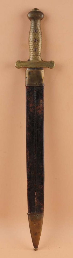 N.P. Ames Springfield Artillery Man's Short Sword: Unsigned. Blade length is 19", overall 25". Handle is scaled brass with Roman style cross guard. For some unknown reason all identifying marks on both the tang and the guard have been removed, even th